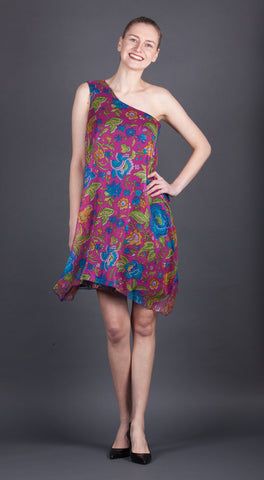 One Shouldered Magenta Floral Dress