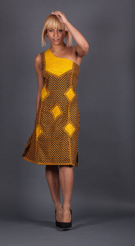 Black and Yellow One Shouldered Dress